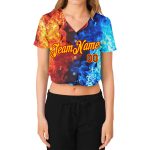 Custom Womens 3D V-Neck Cropped Baseball Jersey - Red Gold Royal-Light Blue Flame Design Custom Women's Red Gold Royal-Light