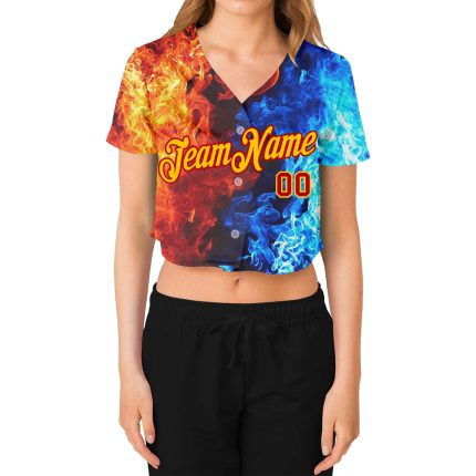 Custom Womens 3D V-Neck Cropped Baseball Jersey - Red Gold Royal-Light Blue Flame Design Custom Women's Red Gold Royal-Light