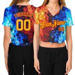 Custom Womens 3D V-Neck Cropped Baseball Jersey - Red Gold Royal-Light Blue Flame Design Custom Women's Red Gold Royal-Light