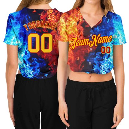 Custom Womens 3D V-Neck Cropped Baseball Jersey - Red Gold Royal-Light Blue Flame Design Custom Women's Red Gold Royal-Light