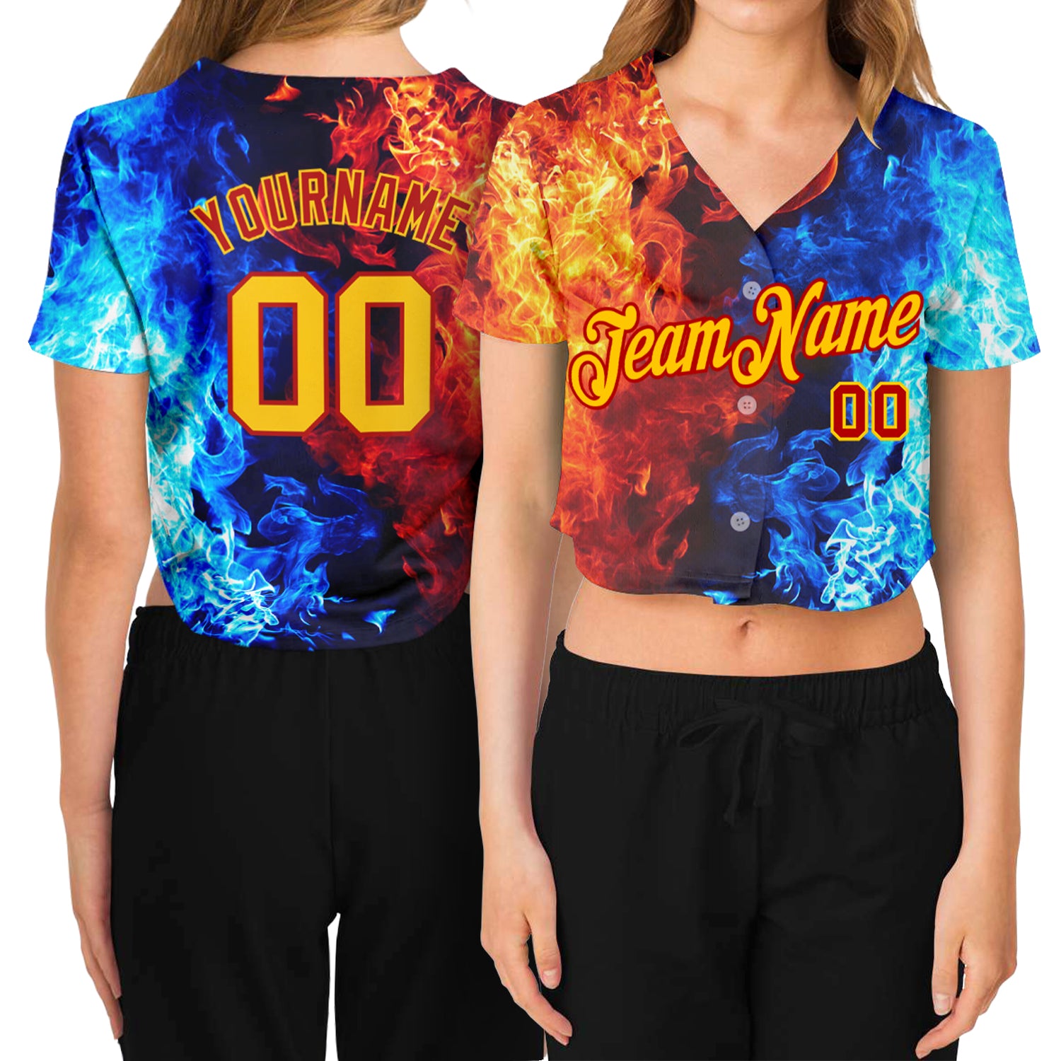 Custom Womens 3D V-Neck Cropped Baseball Jersey - Red Gold Royal-Light Blue Flame Design Custom Women's Red Gold Royal-Light