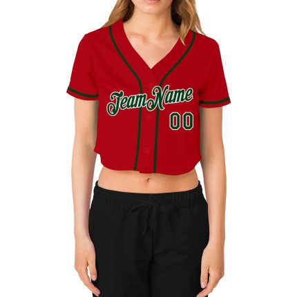 Custom Womens V-Neck Cropped Baseball Jersey in Red, Green, and White Custom Women's Red Green-White V-Neck Cropped Baseball