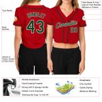 Custom Womens V-Neck Cropped Baseball Jersey in Red, Green, and White Custom Women's Red Green-White V-Neck Cropped Baseball