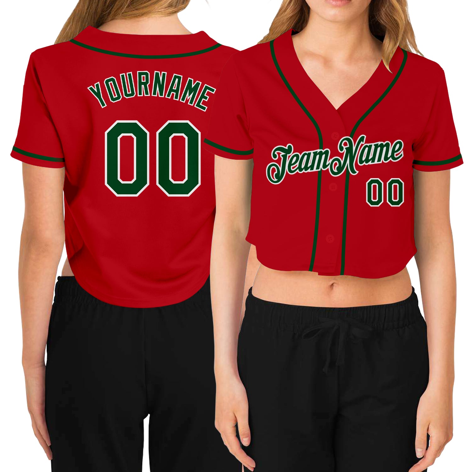 Custom Womens V-Neck Cropped Baseball Jersey in Red, Green, and White Custom Women's Red Green-White V-Neck Cropped Baseball