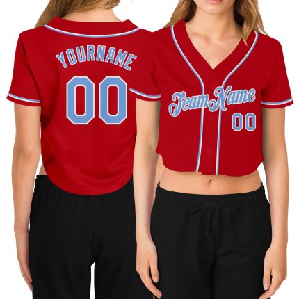 Womens Custom V-Neck Cropped Baseball Jersey in Red Light Blue-White Custom Women's Red Light Blue-White V-Neck Cropped Baseball