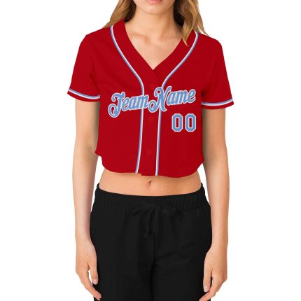 Womens Custom V-Neck Cropped Baseball Jersey in Red Light Blue-White Custom Women's Red Light Blue-White V-Neck Cropped Baseball
