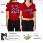 Womens Custom Red and Navy-White V-Neck Cropped Baseball Jersey Custom Women's Red Navy-White V-Neck Cropped Baseball Jersey