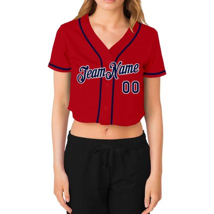 Womens Custom Red and Navy-White V-Neck Cropped Baseball Jersey Custom Women's Red Navy-White V-Neck Cropped Baseball Jersey
