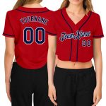 Womens Custom Red and Navy-White V-Neck Cropped Baseball Jersey Custom Women's Red Navy-White V-Neck Cropped Baseball Jersey