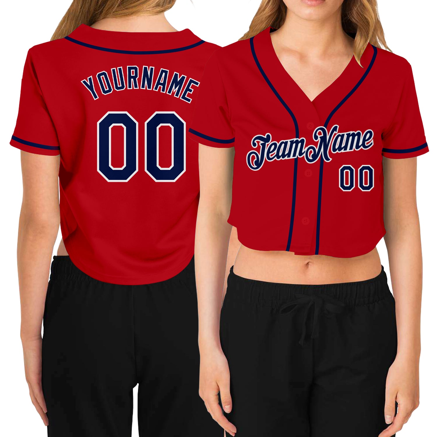Womens Custom Red and Navy-White V-Neck Cropped Baseball Jersey Custom Women's Red Navy-White V-Neck Cropped Baseball Jersey