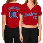 Custom Womens Red V-Neck Cropped Baseball Jersey in Royal and White Custom Women's Red Royal-White V-Neck Cropped Baseball