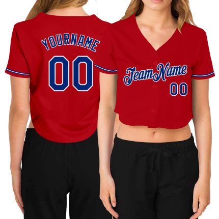 Custom Womens Red V-Neck Cropped Baseball Jersey in Royal and White Custom Women's Red Royal-White V-Neck Cropped Baseball