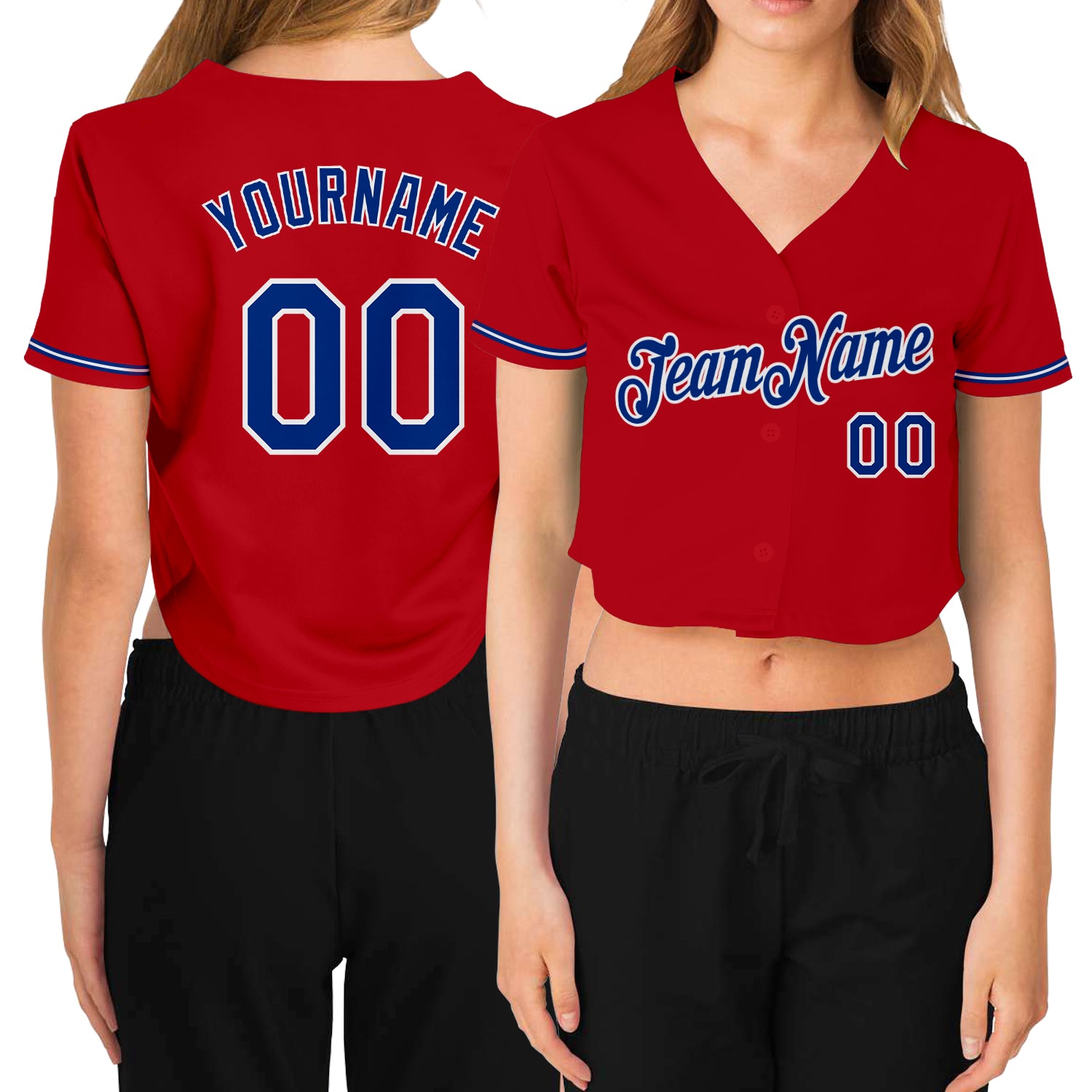 Custom Womens Red V-Neck Cropped Baseball Jersey in Royal and White Custom Women's Red Royal-White V-Neck Cropped Baseball
