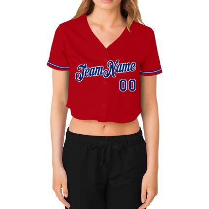 Custom Womens Red V-Neck Cropped Baseball Jersey in Royal and White Custom Women's Red Royal-White V-Neck Cropped Baseball