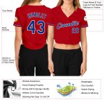 Custom Womens Red V-Neck Cropped Baseball Jersey in Royal and White Custom Women's Red Royal-White V-Neck Cropped Baseball