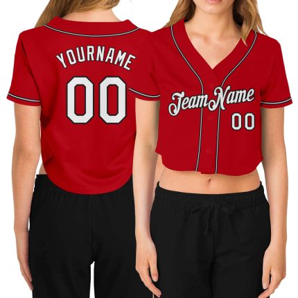 Custom Womens Red White Black V-Neck Baseball Jersey Cropped Style Custom Women's Red White-Black V-Neck Cropped Baseball