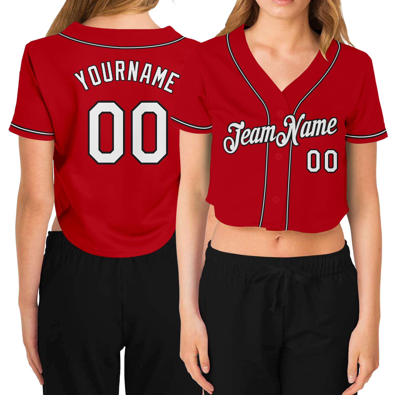 Custom Womens Red White Black V-Neck Baseball Jersey Cropped Style Custom Women's Red White-Black V-Neck Cropped Baseball