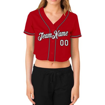 Custom Womens Red White Black V-Neck Baseball Jersey Cropped Style Custom Women's Red White-Black V-Neck Cropped Baseball