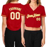Custom Womens Baseball Jersey Red White Gold V-Neck Cropped Top Custom Women's Red White-Gold V-Neck Cropped Baseball Jersey