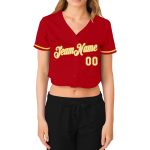 Custom Womens Baseball Jersey Red White Gold V-Neck Cropped Top Custom Women's Red White-Gold V-Neck Cropped Baseball Jersey