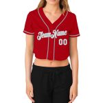 Custom Red White Gray Womens Cropped V-Neck Baseball Jersey for Casual Wear Custom Women's Red White-Gray V-Neck Cropped
