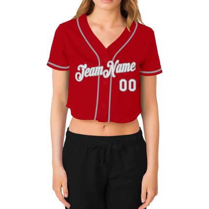 Custom Red White Gray Womens Cropped V-Neck Baseball Jersey for Casual Wear Custom Women's Red White-Gray V-Neck Cropped