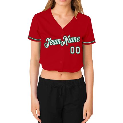 Custom V-Neck Cropped Baseball Jersey for Women in Red, White, and Kelly Green Custom Women's Red White-Kelly Green V-Neck