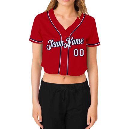 Custom Womens Red White Navy V-Neck Cropped Jersey for Baseball Custom Women's Red White-Navy V-Neck Cropped Baseball Jersey