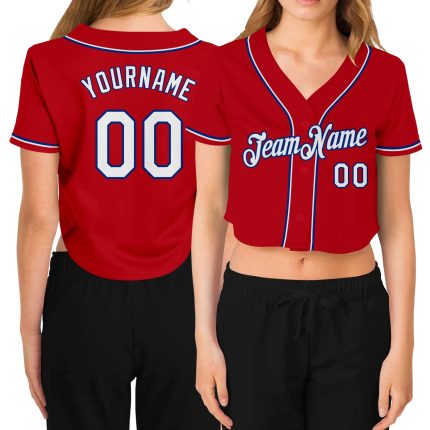 Custom Womens Red White Royal V-Neck Baseball Jersey Cropped Style Custom Women's Red White-Royal V-Neck Cropped Baseball