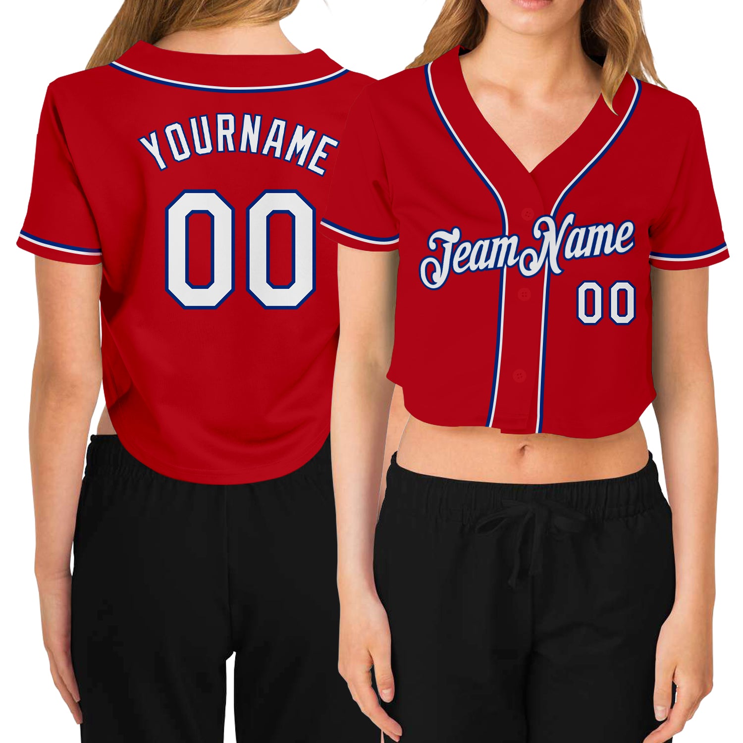 Custom Womens Red White Royal V-Neck Baseball Jersey Cropped Style Custom Women's Red White-Royal V-Neck Cropped Baseball