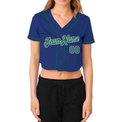 Custom Womens V-Neck Cropped Baseball Jersey in Royal Kelly Green and White Custom Women's Royal Kelly Green-White V-Neck