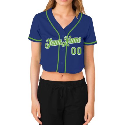Custom Womens Neon Green White V-Neck Cropped Baseball Jersey Custom Women's Royal Neon Green-White V-Neck Cropped Baseball