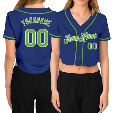 Custom Womens Neon Green White V-Neck Cropped Baseball Jersey Custom Women's Royal Neon Green-White V-Neck Cropped Baseball