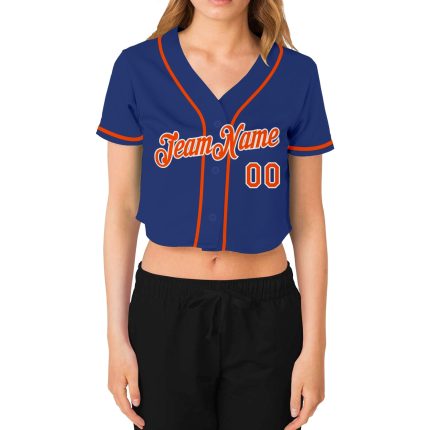 Royal Orange White V-Neck Womens Cropped Baseball Jersey Customizable Custom Women's Royal Orange-White V-Neck Cropped Baseball