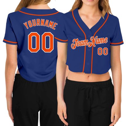 Royal Orange White V-Neck Womens Cropped Baseball Jersey Customizable Custom Women's Royal Orange-White V-Neck Cropped Baseball