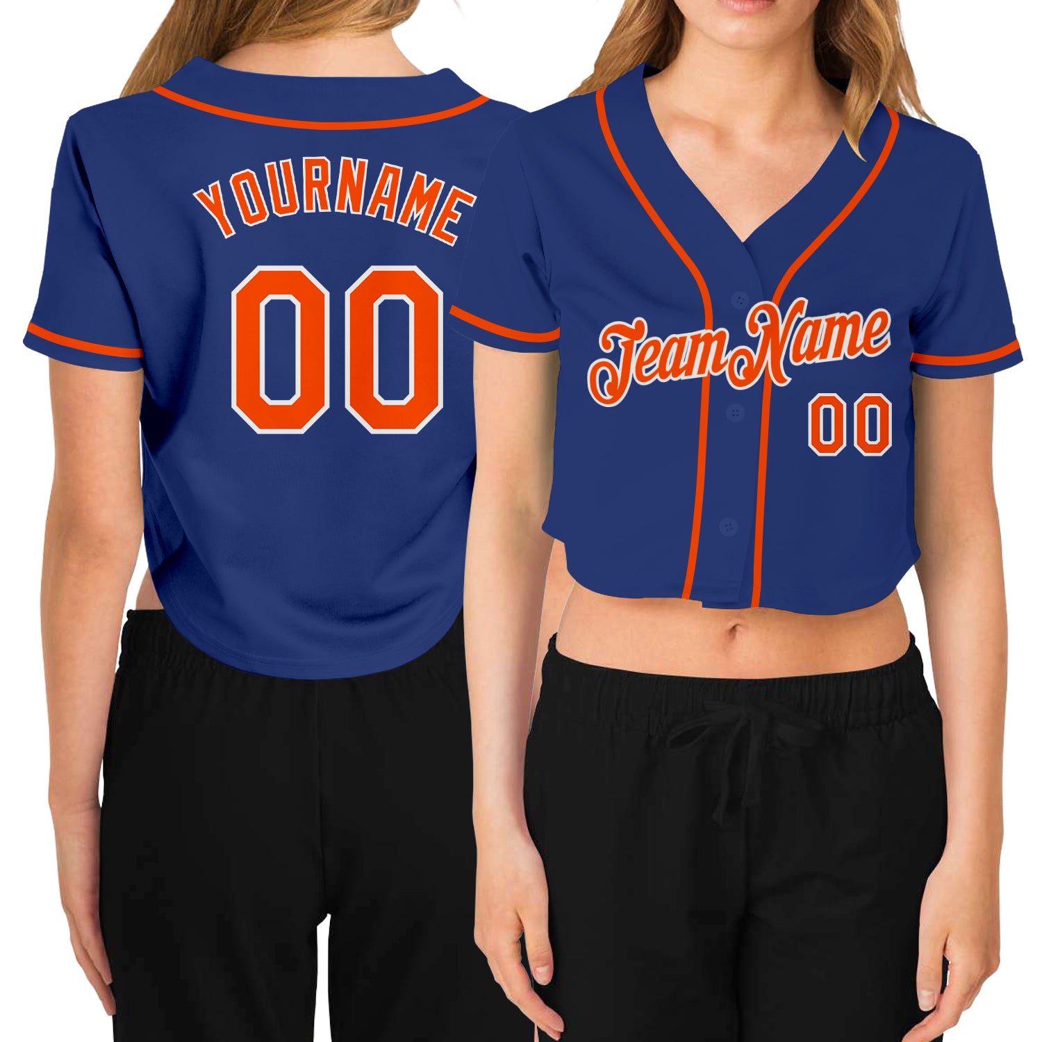 Royal Orange White V-Neck Womens Cropped Baseball Jersey Customizable Custom Women's Royal Orange-White V-Neck Cropped Baseball