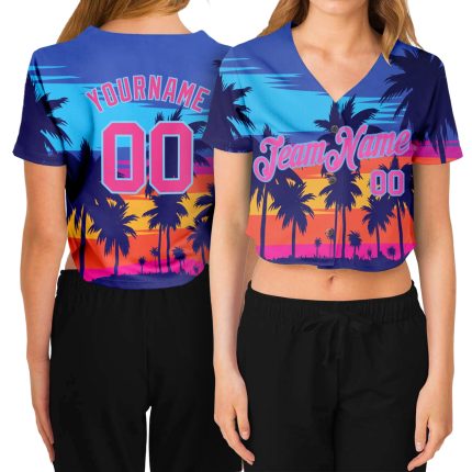 Royal Pink Light Blue Hawaii Palm Trees 3D V-Neck Cropped Jersey for Women Custom Women's Royal Pink-Light Blue Hawaii Palm