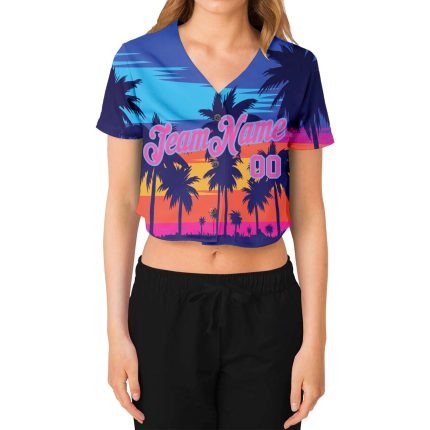 Royal Pink Light Blue Hawaii Palm Trees 3D V-Neck Cropped Jersey for Women Custom Women's Royal Pink-Light Blue Hawaii Palm