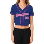 Womens Custom Royal Pink-White V-Neck Cropped Baseball Jersey Custom Women's Royal Pink-White V-Neck Cropped Baseball Jersey