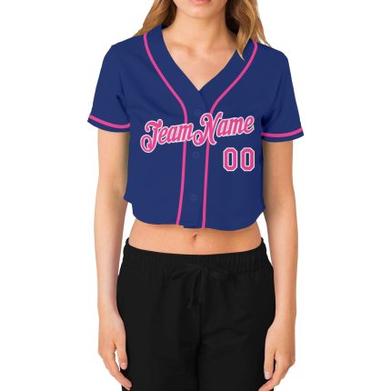 Womens Custom Royal Pink-White V-Neck Cropped Baseball Jersey Custom Women's Royal Pink-White V-Neck Cropped Baseball Jersey
