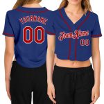Custom Royal Red and White Womens V-Neck Cropped Baseball Jersey Custom Women's Royal Red-White V-Neck Cropped Baseball Jersey