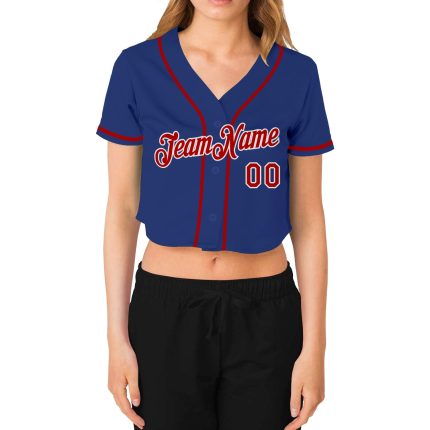 Custom Royal Red and White Womens V-Neck Cropped Baseball Jersey Custom Women's Royal Red-White V-Neck Cropped Baseball Jersey