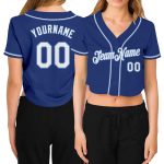 Custom Womens Royal Blue V-Neck Cropped Baseball Jersey in White and Light Blue Custom Women's Royal White-Light Blue V-Neck