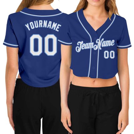 Custom Womens Royal Blue V-Neck Cropped Baseball Jersey in White and Light Blue Custom Women's Royal White-Light Blue V-Neck