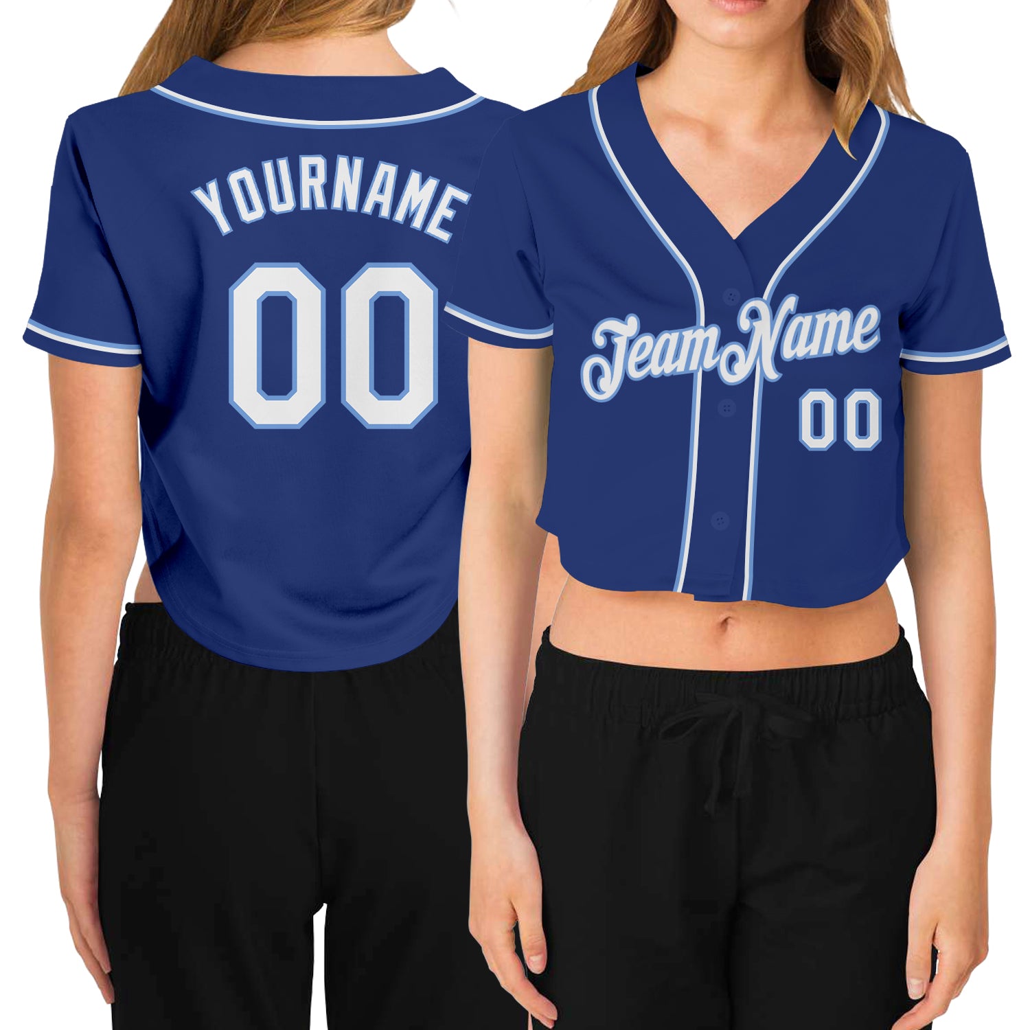 Custom Womens Royal Blue V-Neck Cropped Baseball Jersey in White and Light Blue Custom Women's Royal White-Light Blue V-Neck