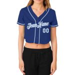 Custom Womens Royal Blue V-Neck Cropped Baseball Jersey in White and Light Blue Custom Women's Royal White-Light Blue V-Neck