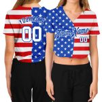 Womens American Flag 3D Fashion V-Neck Cropped Baseball Jersey - Royal White-Red Custom Design Custom Women's Royal White-Red
