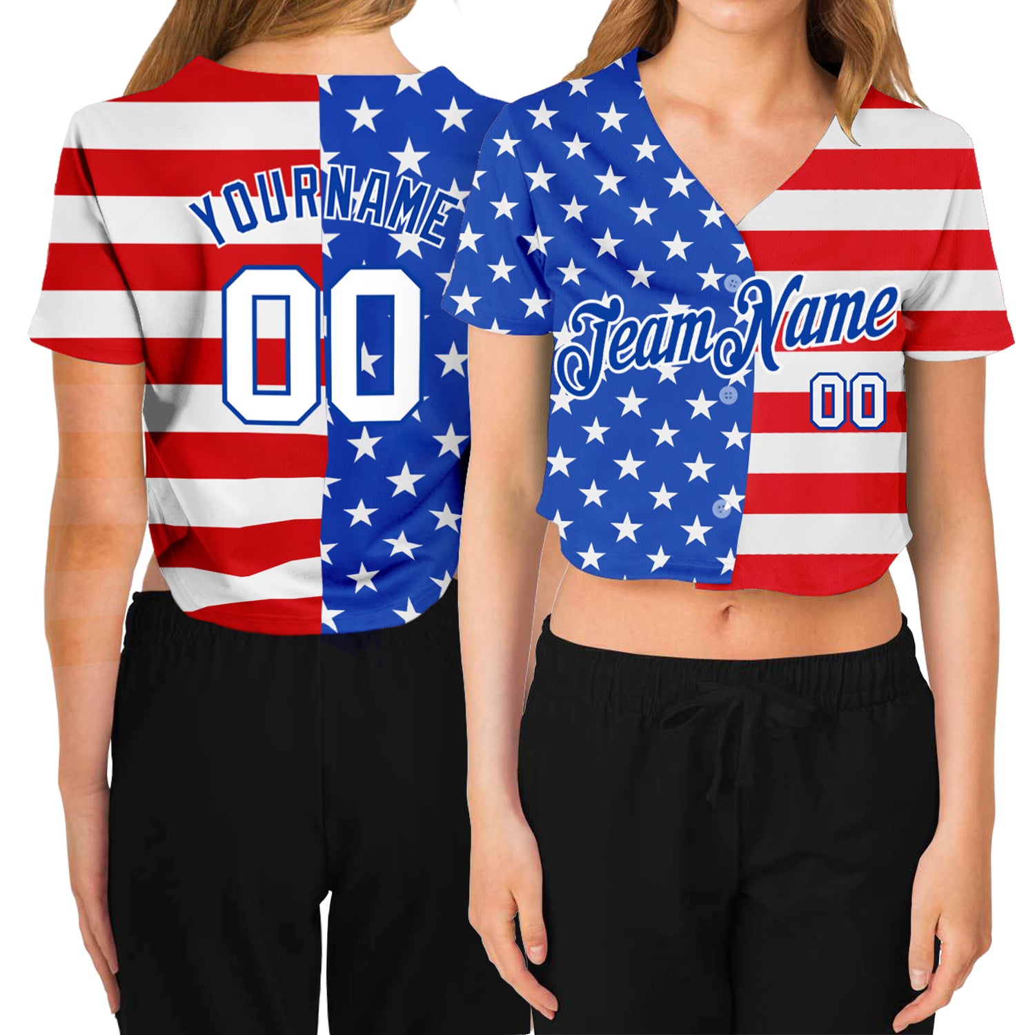 Womens American Flag 3D Fashion V-Neck Cropped Baseball Jersey - Royal White-Red Custom Design Custom Women's Royal White-Red