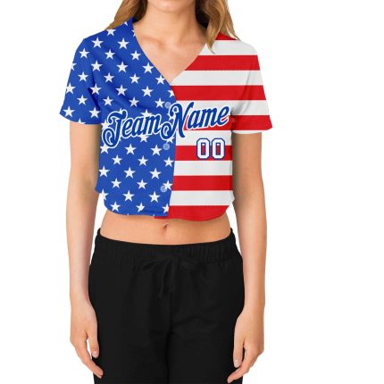 Womens American Flag 3D Fashion V-Neck Cropped Baseball Jersey - Royal White-Red Custom Design Custom Women's Royal White-Red
