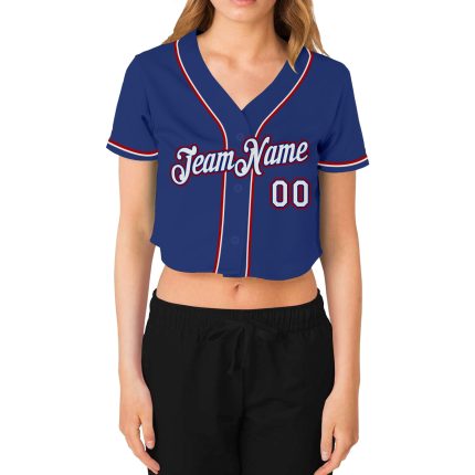 Womens Custom Royal White Red V-Neck Cropped Baseball Jersey Custom Women's Royal White-Red V-Neck Cropped Baseball Jersey